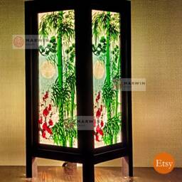 Asian Oriental Green Bamboo Japanese Lamp Zen Bedside Floor Table Paper Light Shades Bedroom Home Decor Living Room - thumbnail 3