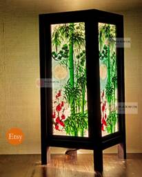 Asian Oriental Green Bamboo Japanese Lamp Zen Bedside Floor Table Paper Light Shades Bedroom Home Decor Living Room