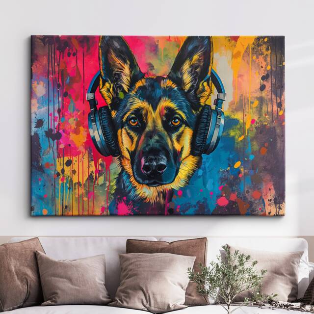 German Shepherd Dj Headphones Painting Framed Poster Print & Canvas Wall Decor Art Home Living Room Dog Gift Pet Music - image 1