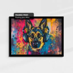 German Shepherd Dj Headphones Painting Framed Poster Print & Canvas Wall Decor Art Home Living Room Dog Gift Pet Music - thumbnail 2