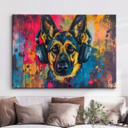 German Shepherd Dj Headphones Painting Framed Poster Print & Canvas Wall Decor Art Home Living Room Dog Gift Pet Music