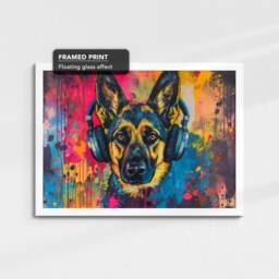German Shepherd Dj Headphones Painting Framed Poster Print & Canvas Wall Decor Art Home Living Room Dog Gift Pet Music - thumbnail 3