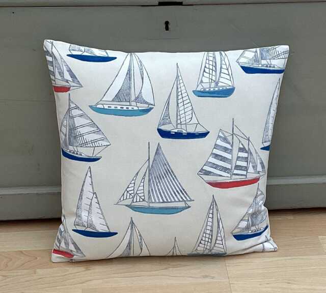 Handmade Coastal Boats Linen Cushion Cover Nautical Beach Decor - 24 Inch - image 1