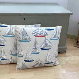 Handmade Coastal Boats Linen Cushion Cover Nautical Beach Decor - 24 Inch - thumbnail 2