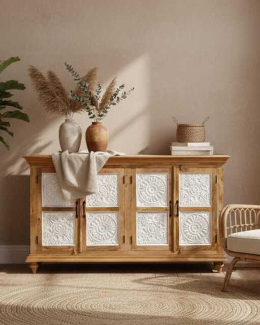 Hand-Carved Mango Wood Sideboard - Natural Polished Finish With Whitewashed Floral Panels - image 1