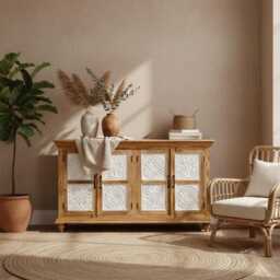 Hand-Carved Mango Wood Sideboard - Natural Polished Finish With Whitewashed Floral Panels - thumbnail 2