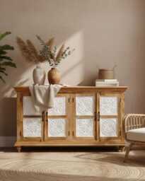 Hand-Carved Mango Wood Sideboard - Natural Polished Finish With Whitewashed Floral Panels - thumbnail 1