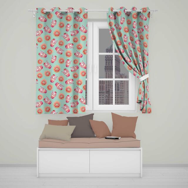 Cute Kawaii Donut & Strawberry Drink Pattern Teal Background Seamless Readymade Eyelet Ring Top Thermal 100% Blackout Curtains - image 1
