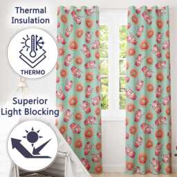 Cute Kawaii Donut & Strawberry Drink Pattern Teal Background Seamless Readymade Eyelet Ring Top Thermal 100% Blackout Curtains - thumbnail 3
