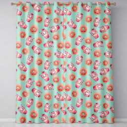 Cute Kawaii Donut & Strawberry Drink Pattern Teal Background Seamless Readymade Eyelet Ring Top Thermal 100% Blackout Curtains - thumbnail 2
