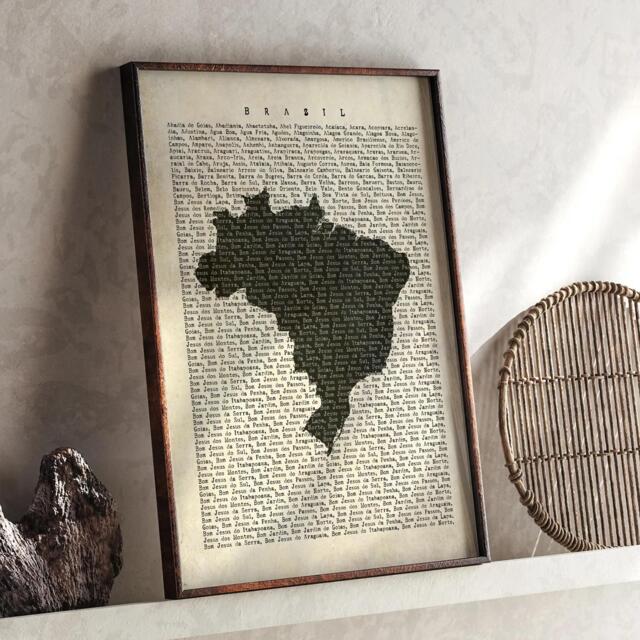 Brazil Map - Vintage Beige Typography With City Names Travel Poster Wall Art Print - image 1