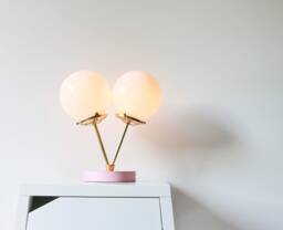 Pink Table Lamp, Brass Finish, Twin Opal Glass Globes