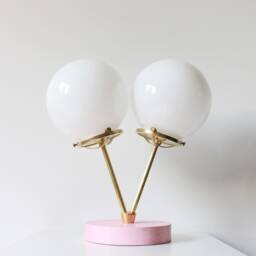Pink Table Lamp, Brass Finish With Two White Glass Globes, Desk Twin Globe Opal Nursery Lighting, Bootsngus Lights & Home Decor - thumbnail 2