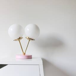 Pink Table Lamp, Brass Finish With Two White Glass Globes, Desk Twin Globe Opal Nursery Lighting, Bootsngus Lights & Home Decor - thumbnail 3