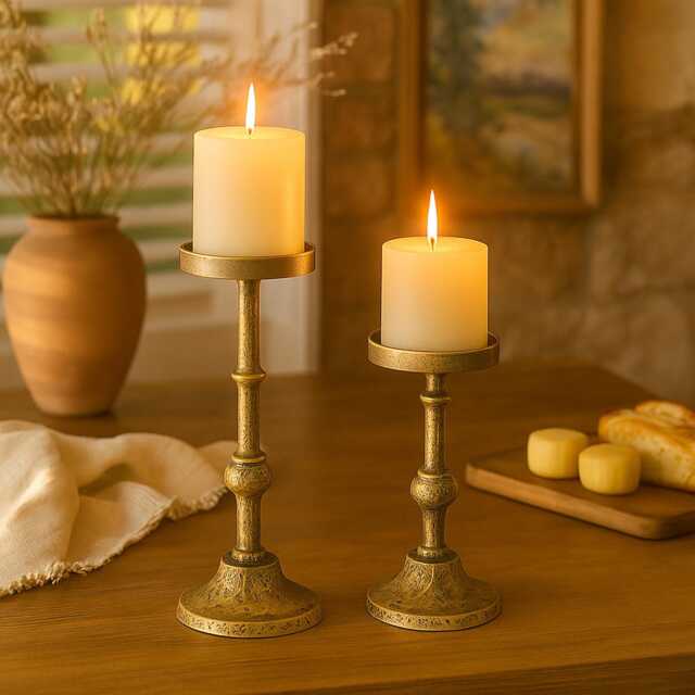 Antique Brass Pillar Candle Holders Set Of 2 Handmade Modern Wedding Centerpiece & Gifting - image 1