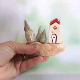 Miniature Ceramic House & Three Tries On A Natural Mountain Stone, Mediterranean Style Gift From Israel - thumbnail 4