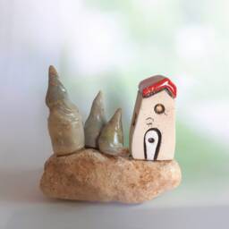 Miniature Ceramic House & Three Tries On A Natural Mountain Stone, Mediterranean Style Gift From Israel - thumbnail 1