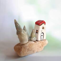 Miniature Ceramic House & Three Tries On A Natural Mountain Stone, Mediterranean Style Gift From Israel - thumbnail 2