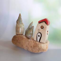 Miniature Ceramic House & Three Tries On A Natural Mountain Stone, Mediterranean Style Gift From Israel - thumbnail 3