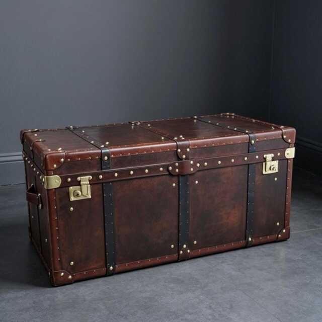 Steamer Trunk Table Antique Leather Top Coffee Furniture Handmade England Chestnut Royal Blue Hardwood Storage Living Room Centerpiece Gift - image 1