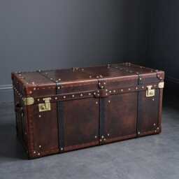 Steamer Trunk Table Antique Leather Top Coffee Furniture Handmade England Chestnut Royal Blue Hardwood Storage Living Room Centerpiece Gift