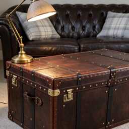 Steamer Trunk Table Antique Leather Top Coffee Furniture Handmade England Chestnut Royal Blue Hardwood Storage Living Room Centerpiece Gift - thumbnail 3