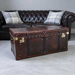 Steamer Trunk Table Antique Leather Top Coffee Furniture Handmade England Chestnut Royal Blue Hardwood Storage Living Room Centerpiece Gift - thumbnail 2