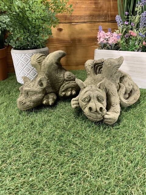 Stone Garden Pair Of Cute Baby Dragon Ornaments Gothic Statues - image 1