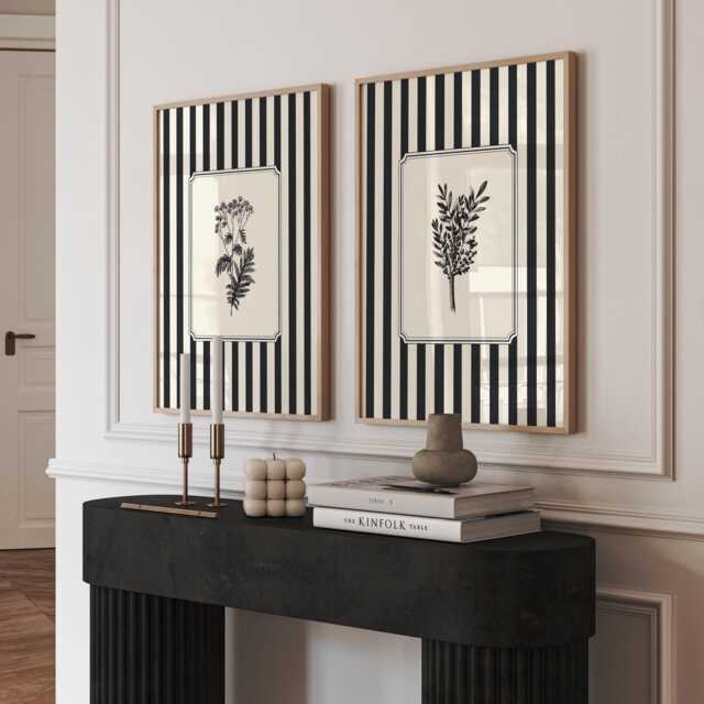 Bathroom Wall Art Set Of 2, Striped Botanical Prints, Black & White Vintage Botanicals, Monochrome - image 1