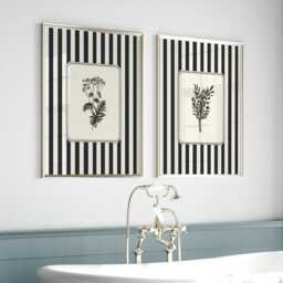 Bathroom Wall Art Set Of 2, Striped Botanical Prints, Black & White Vintage Botanicals, Monochrome - thumbnail 2