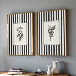 Bathroom Wall Art Set Of 2, Striped Botanical Prints, Black & White Vintage Botanicals, Monochrome - thumbnail 3