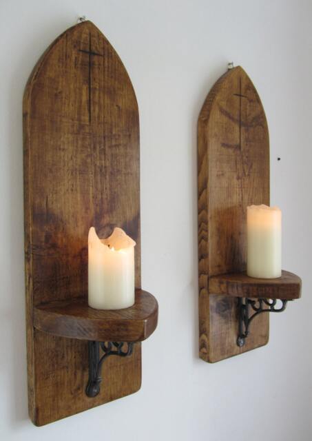 Pair Of 80 cm Tall Gothic Arch/Church Window Design Rustic Reclaimed Plank Wood Wall Sconces Candlholders With Carved Cross Crucifix - image 1