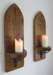 Pair Of 80 cm Tall Gothic Arch/Church Window Design Rustic Reclaimed Plank Wood Wall Sconces Candlholders With Carved Cross Crucifix - thumbnail 1