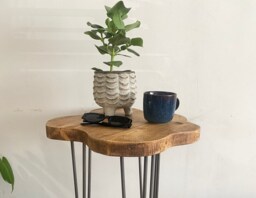 Foret Small Rustic Flower Live Edge Solid Wood Chunky Scaffold Hairpin Metal Leg Coffee Side Desk Table Handcrafted With