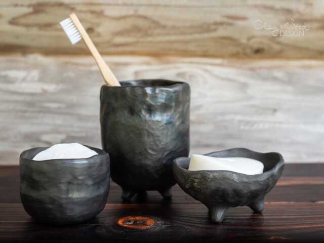 Handmade Black Ceramic Bathroom Accessories Set Nordic Minimalist Pottery - image 1