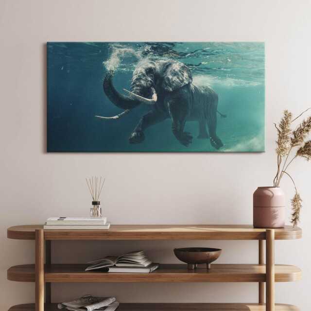 African Elephant in The Water Canvas, Wall Art Picture, Blue Decoration, Animals Canvas - image 1