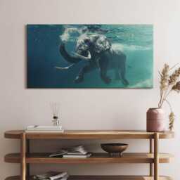 African Elephant in The Water Canvas, Wall Art Picture, Blue Decoration, Animals Canvas - thumbnail 1