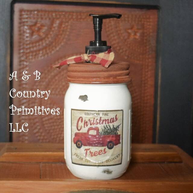 Vintage Red Truck Christmas Trees Mason Jar Hand Soap Dispenser, Distressed White Country Farmhouse Bathroom - image 1
