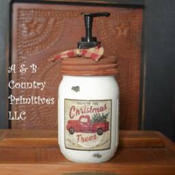 Vintage Red Truck Christmas Trees Mason Jar Hand Soap Dispenser, Distressed White Country Farmhouse Bathroom