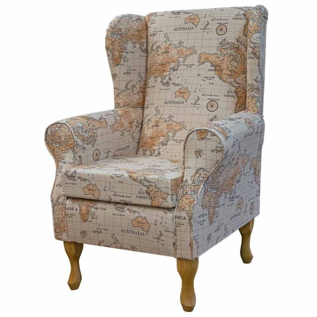 Handmade World Map Wingback Chair - Fireside Accent Armchair - image 1