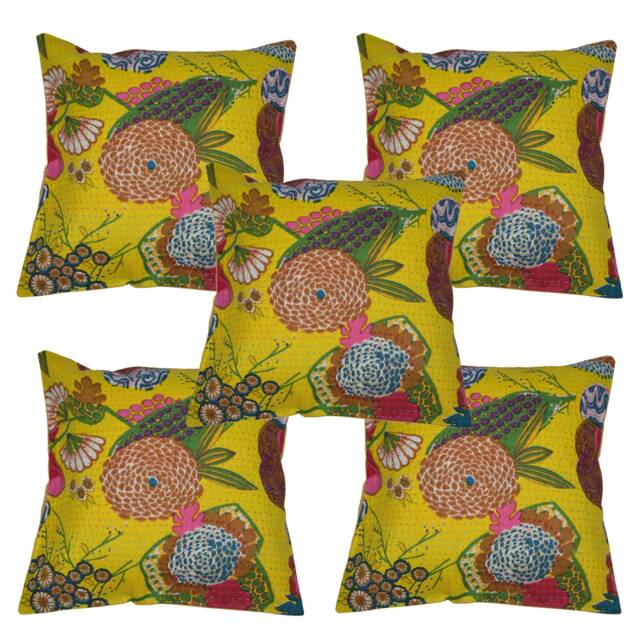Handmade Printed Kantha Cushion Covers, Floral Print Indian Cushion Cover, Pillow, Tropicana Pillow Throw, Boho - image 1