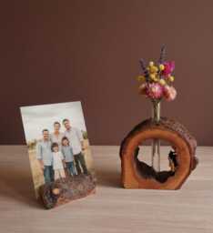Handmade Cherry Wood Vase & Photo Holder Set, Rustic Live Edge Decor - thumbnail 1