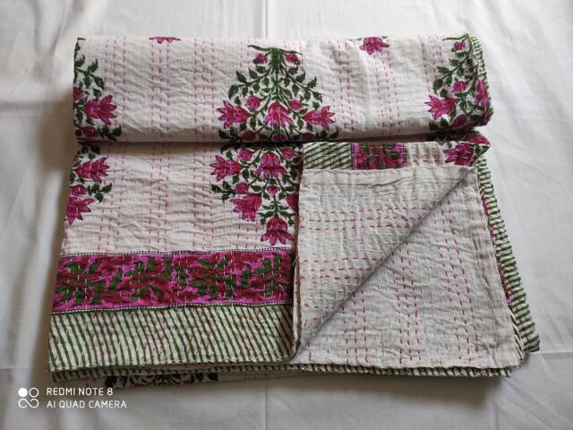 Handmade Floral Kantha Quilt, Reversible Cotton Bedspread Blanket - image 1