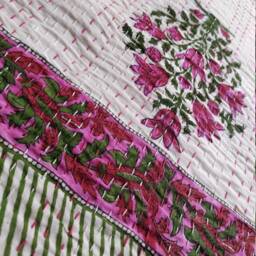 Handmade Floral Kantha Quilt, Reversible Cotton Bedspread Blanket - thumbnail 3