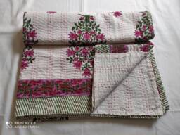 Handmade Floral Kantha Quilt, Reversible Cotton Bedspread Blanket - thumbnail 1