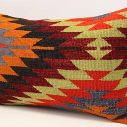 Turkish Kilim Lumbar Pillow Cover, Handmade Wool Ethnic Cushion - 16x24 Inch - thumbnail 3