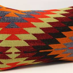 Turkish Kilim Lumbar Pillow Cover, Handmade Wool Ethnic Cushion - 16x24 Inch - thumbnail 2