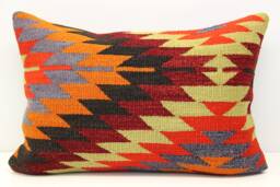 Turkish Kilim Lumbar Pillow Cover, Handmade Wool Ethnic Cushion - 16x24 Inch