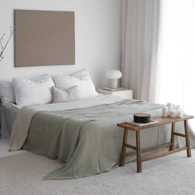 Sage Green Cotton Muslin Bedspread, Soft King 4 Layer Gauze Bedcover, Organic Bed Throw Blanket, Boho Coverlet - image 1
