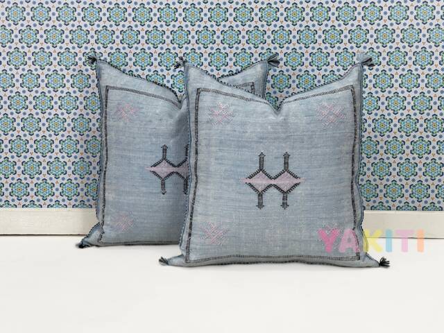 Yakiti-Blue Square Moroccan Pillows 20x20, Aka Cactus Silk Pillow, Sabra Pillows, Outdoor Luxury Pillow, Durable & Weather Resistant - image 1